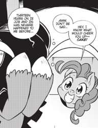 Size: 440x574 | Tagged: safe, seven seas, pinkie pie, earth pony, pony, g4, my little pony: the manga, my little pony: the manga volume 2, cropped, crying, execution, fail, female, guillotine, mare, monochrome, pinkie being pinkie, this will not end in death