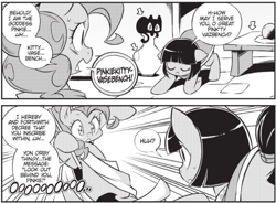 Size: 730x537 | Tagged: safe, seven seas, meno amare, pinkie pie, cat, earth pony, pony, g4, my little pony: the manga, my little pony: the manga - a day in the life of equestria vol. 2, curtains, dialogue, egyptian, egyptian pony, female, male, mare, monochrome, speech bubble, stallion, trap