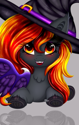 Size: 4064x6393 | Tagged: safe, artist:schwinarts, oc, oc:spirit harvest, bat pony, hybrid, pegasus, pony, chest fluff, commission, cute, ear fluff, ears up, fangs, female, female oc, frog (hoof), gray coat, halloween, hat, holiday, hooves, hybrid wings, mare, mare oc, open mouth, pony oc, smiling, solo, spread wings, underhoof, wings, witch hat, ych result