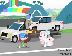 Size: 12000x9292 | Tagged: safe, artist:creedyboy124, discord, oc, oc:sweetheart, draconequus, pony, unicorn, g4, bow, clipboard, female, hair bow, hat, male, rainbow falls (location), rainbow waterfall, road, tow truck, truck