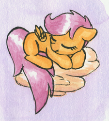 Size: 2328x2586 | Tagged: safe, artist:chevaleto, derpibooru exclusive, scootaloo, pegasus, pony, g4, cloud, eyes closed, female, filly, foal, folded wings, high res, sleeping, solo, traditional art, watercolor painting, wings
