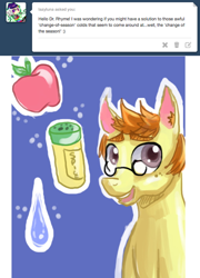 Size: 500x693 | Tagged: safe, artist:frostedminispooner, oc, oc:nursery rhyme, pony, ask nursery rhyme, apple, food, glasses, male, salt, solo, stallion