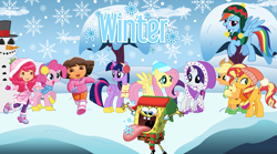 Size: 3489x1934 | Tagged: safe, artist:lizzmcclin, applejack, fluttershy, pinkie pie, rainbow dash, rarity, sunset shimmer, twilight sparkle, alicorn, earth pony, human, pegasus, pony, unicorn, anthro, g4, anthro with ponies, beanie, clothes, crossover, dora márquez, dora the explorer, female, hat, male, mane six, nickelodeon, scarf, snow, snowflake, snowman, sponge, spongebob squarepants, spongebob squarepants (character), strawberry shortcake, strawberry shortcake (character), tongue out, twilight sparkle (alicorn), winter, winter outfit