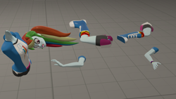 Size: 1280x720 | Tagged: safe, artist:willfulground, rainbow dash, human, equestria girls, g4, 3d, arm, boots, breasts, bust, clothes, collar, disassembly fetish, disembodied head, gasp, hair, head, leg, modular, open mouth, shirt, shoes, socks, solo, source filmmaker, t-shirt, teenager, teeth, torso