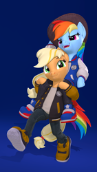 Size: 2160x3840 | Tagged: safe, artist:owlpirate, applejack, rainbow dash, earth pony, pegasus, semi-anthro, g4, 3d, 4k, accessory swap, applejack's hat, arm hooves, clothes, cowboy hat, duo, female, gradient background, hat, high res, jacket, mare, open mouth, open smile, piggyback ride, rainbow dash riding applejack, shoes, smiling, sneakers, source filmmaker