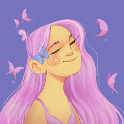Size: 2000x2000 | Tagged: safe, artist:leynoo, fluttershy, butterfly, human, g4, blue background, blush scribble, blushing, bust, eyes closed, female, high res, humanized, pony coloring, simple background, smiling, solo