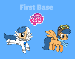 Size: 1777x1391 | Tagged: safe, artist:maggiethenuggetpony68, first base, pegasus, pony, g4, adorabase, astronaut, astronaut first base, aviator goggles, aviator hat, blue background, blue text, clothes, colored, costume, cute, female, goggles, halloween, halloween costume, hat, helmet, holiday, logo, mare, my little pony logo, older, older first base, pegasus first base, pilot, pilot first base, race swap, scarf, shoes, simple background, space helmet, spacesuit, text