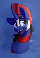 Size: 1219x1770 | Tagged: safe, artist:alrumoon_art, oc, oc:night reader, bat pony, pony, unicorn, fanfic:the centurion project, clothes, helmet, scarf, smiling