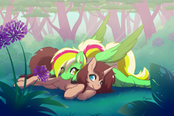 Size: 3000x2000 | Tagged: safe, artist:kaenn, oc, oc only, oc:cressida, oc:gumdrops, pony, commission, cuddling, duo, flower, forest, high res, nature, tree, ych result