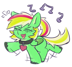 Size: 1371x1271 | Tagged: safe, artist:rivibaes, oc, oc only, oc:gumdrops, collar, dancing, female, filly, foal, simple background, solo, white background