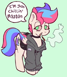 Size: 2500x2878 | Tagged: safe, artist:catponything, oc, oc only, oc:pedals, pegasus, pony, choker, clothes, commission, dialogue, drug use, drugs, green background, high, high res, hoodie, nonbinary, not zipp storm, pride, pride flag, simple background, smoking, solo, transgender, transgender pride flag, ych result