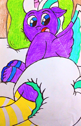 Size: 2129x3277 | Tagged: safe, artist:bitter sweetness, opaline arcana, alicorn, pony, g5, abdl, adult foal, bed, clothes, diaper, diaper butt, diaper fetish, fetish, high res, lying down, lying on bed, mattress, non-baby in diaper, on bed, pillow, socks, striped socks, traditional art