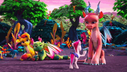 Size: 1920x1082 | Tagged: safe, screencap, fountain (g5), leaf (g5), luxxe, misty brightdawn, pipp petals, tumble (g5), zipp storm, dragon, pegasus, pony, unicorn, g5, my little pony: make your mark, my little pony: make your mark chapter 6, the isle of scaly, spoiler:g5, spoiler:my little pony: make your mark, spoiler:my little pony: make your mark chapter 6, spoiler:mymc06e01, animated, book, cellphone, female, flying, forest, frustrated, mare, marestream, nature, phone, rebirth misty, sad, sound, the isle of scaly (location), tree, webm