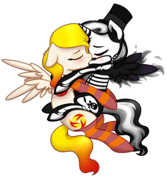 Size: 972x1034 | Tagged: artist needed, source needed, safe, oc, oc:starfyre, alicorn, pegasus, pony, clothes, female, hat, hug, kissing, lesbian, mare, simple background, socks, striped socks, top hat, transparent background