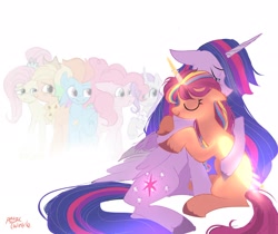 Size: 2048x1723 | Tagged: safe, artist:petaltwinkle, applejack, fluttershy, pinkie pie, rainbow dash, rarity, sunny starscout, twilight sparkle, alicorn, earth pony, pegasus, pony, unicorn, g4, g5, cute, eyes closed, female, floppy ears, heartwarming, hug, mane six, mare, meme, older, older applejack, older fluttershy, older mane six, older pinkie pie, older rainbow dash, older rarity, older twilight, race swap, signature, simple background, sitting, subverted meme, sunny and her heroine, sunnycorn, sweet dreams fuel, that magic is yours to give, twilight sparkle (alicorn), white background, wholesome