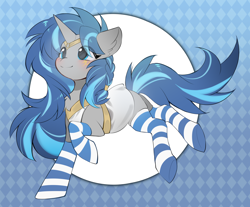 Size: 3800x3150 | Tagged: safe, artist:amo, oc, oc only, oc:cork, pony, unicorn, braid, clothes, cute, egyptian, female, gradient background, gray coat, greek, high res, horn, long mane, mare, patterned background, socks, solo, stocking feet, stockings, striped socks, thigh highs, unicorn oc