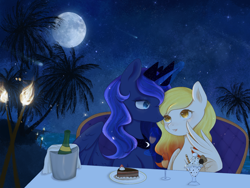 Size: 2000x1500 | Tagged: artist needed, source needed, safe, princess luna, oc, oc:starfyre, g4, alcohol, cake, canon x oc, champagne, couch, date, female, food, lesbian, moon, night, palm tree, shipping, torch, tree, wine