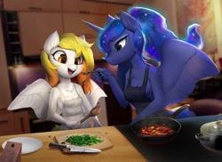 Size: 2048x1493 | Tagged: safe, artist:vensual99, princess luna, oc, oc:starfyre, alicorn, pegasus, anthro, g4, canon x oc, cooking, feeding, female, frying pan, kitchen, kitchen knife, lesbian, open mouth, plate, shipping, spread wings, stove, wings