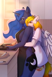 Size: 2048x3032 | Tagged: safe, artist:alphadesu, princess luna, oc, oc:starfyre, alicorn, pegasus, anthro, g4, apron, big breasts, breasts, canon x oc, chest fluff, clothes, cooking, female, high res, horn, hug, hug from behind, kitchen, kitchen knife, lesbian, looking at each other, looking at someone, mare, naked apron, partial nudity, shipping, shirt, sunlight, wings