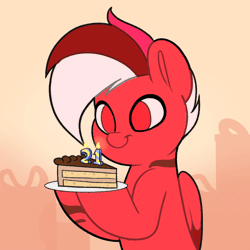 Size: 1000x1000 | Tagged: safe, artist:joaothejohn, oc, oc only, oc:flamebrush, pegasus, pony, animated, birthday, blowing, cake, candle, food, gif, happy, happy birthday, looking down, numbers, open mouth, pegasus oc, present, simple background, smiling, wings