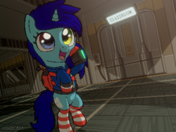 Size: 640x480 | Tagged: safe, artist:rangelost, oc, oc only, oc:windows, pony, unicorn, fallout equestria, backpack, clothes, fallout, heterochromia, jumpsuit, pipbuck, socks, solo, stable (vault), striped socks, vault suit