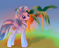 Size: 2500x2036 | Tagged: artist needed, safe, silverstream, pegasus, pony, g4, female, folded wings, high res, looking at you, outdoors, palm tree, ponified, pony silverstream, smiling, smiling at you, solo, species swap, tail, tree, wings