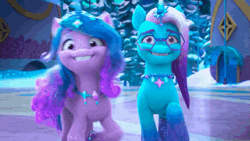 Size: 889x500 | Tagged: safe, screencap, comet (g5), izzy moonbow, auroricorn, pony, unicorn, g5, my little pony: make your mark, my little pony: make your mark chapter 6, secrets of starlight, spoiler:g5, spoiler:my little pony: make your mark, spoiler:my little pony: make your mark chapter 6, spoiler:mymc06e04, animated, duo, female, forced smile, glasses, hypnosis, jewelry, male, mare, mind control, necklace, shove, smiling, snow, stallion, starlight ridge