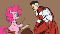 Size: 1792x1032 | Tagged: safe, artist:_ton618_, pinkie pie, earth pony, humanoid, pony, g4, brown background, crossover, drums, drumsticks, duo, duo male and female, female, hoof hold, invincible, j.k. simmons, looking at each other, looking at someone, male, mare, musical instrument, omni-man, simple background, sitting, this will end in tears, viltrumite, voice actor joke, whiplash (movie), worried