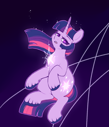 Size: 777x902 | Tagged: safe, artist:lulubell, twilight sparkle, pony, unicorn, g4, abstract background, chest fluff, colored hooves, female, floating, glowing cutie mark, lidded eyes, mare, open mouth, purple background, simple background, solo, unicorn twilight, unshorn fetlocks