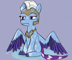 Size: 1890x1575 | Tagged: safe, anonymous artist, derpibooru exclusive, zoom zephyrwing, pegasus, pony, g5, armor, colored sketch, female, guardsmare, helmet, mare, pegasus royal guard, puddle, purple background, royal guard, simple background, sitting, sketch, solo, spread wings, unamused, wet, wings, zoom zephyrwing is not amused