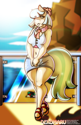 Size: 792x1224 | Tagged: safe, artist:dekomaru, coco pommel, earth pony, anthro, unguligrade anthro, series:loco for coco remastered edition, g4, beach, belly button, breasts, busty coco pommel, female, high heels, looking at you, midriff, platform heels, remastered, shoes, smiling, smiling at you, solo, wide hips