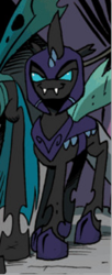 Size: 193x473 | Tagged: artist needed, safe, idw, official comic, megasoma, queen chrysalis, changeling, g4, the return of queen chrysalis, spoiler:comic, spoiler:comic03, advertisement, armor, changeling armor, changeling officer, fangs, idw advertisement, smiling