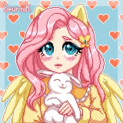 Size: 1280x1280 | Tagged: safe, artist:seurniksroom, angel bunny, fluttershy, human, rabbit, g4, angelbetes, animal, blushing, cute, eared humanization, hairclip, heart, hug, humanized, looking at you, pixel art, shyabetes, signature, winged humanization, wings