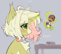 Size: 2912x2548 | Tagged: safe, artist:monphys, oc, pony, unicorn, bell, blushing, chest fluff, collar, cookie, cute, female, food, high res, magic, solo, telekinesis