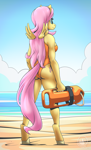 Size: 1864x3070 | Tagged: safe, artist:mysticalpha, fluttershy, pegasus, anthro, unguligrade anthro, g4, ass, beach, breasts, butt, clothes, facing away, female, flutterbutt, high res, lifeguard, lifeguard fluttershy, mare, one-piece swimsuit, sideboob, small wings, solo, swimsuit, wings
