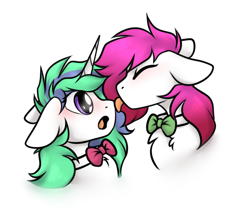Size: 736x615 | Tagged: safe, artist:mariashek, oc, oc only, oc:annie berryheart, oc:ellie berryheart, pegasus, pony, unicorn, g4, bowtie, duo, duo female, female, fluffy, lesbian, licking, love, purple eyes, simple background, tongue out, white background