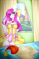 Size: 682x1024 | Tagged: safe, artist:lyhyo, oc, oc only, oc:ellie berryheart, pegasus, anthro, bow, breasts, clothes, equestria, feather, female, green eyes, happy, ink, lady, letter, palindrome get, poetry, room, smiling, solo, window, wings, yellow dress