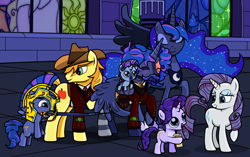 Size: 3179x1994 | Tagged: safe, artist:objectyu, braeburn, princess luna, rarity, oc, oc:artemis cinaed, oc:eclipse cinaed, oc:sterling cinaed, oc:zira cinaed, art pack:legacyyu, g4, clothes, female, hat, male, mother and child, mother and son, red coat, socks, standing, striped socks