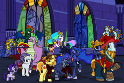 Size: 5400x3600 | Tagged: safe, artist:objectyu, braeburn, princess celestia, princess luna, rarity, rockhoof, spike, oc, oc:artemis cinaed, oc:c.o.d.y., oc:eclipse cinaed, oc:emziko, oc:lunar aibek, oc:lunar selena, oc:sterling cinaed, oc:zira cinaed, dragon, art pack:legacyyu, g4, clothes, coach, female, hat, male, mother and child, mother and son, red coat, socks, standing, striped socks, winged spike, wings