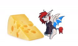 Size: 1280x766 | Tagged: safe, oc, oc only, oc:riellenc hill, bat pony, pony, cheese, food, giant food, open mouth, simple background, solo, white background