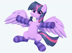 Size: 3800x2800 | Tagged: safe, artist:mercurysparkle, twilight sparkle, alicorn, pony, g4, belly, cheek fluff, clothes, cute, eye clipping through hair, female, fluffy, high res, hug, hug request, leg fluff, looking at you, mare, mouth hold, paper, round belly, simple background, sitting, smiling, socks, solo, spread wings, striped socks, twiabetes, twilight sparkle (alicorn), white background, wings