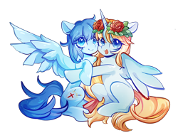 Size: 2860x2140 | Tagged: safe, artist:左左, oc, oc only, oc:leek, oc:starglows, alicorn, pegasus, pony, 2024 community collab, derpibooru community collaboration, duo, female, floral head wreath, flower, flower in hair, high res, mare, simple background, transparent background, wings