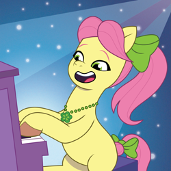 Size: 1351x1350 | Tagged: safe, artist:prixy05, posey bloom, earth pony, pony, g5, my little pony: tell your tale, adoraposey, beautiful, blue background, cute, female, happy, mare, musical instrument, open mouth, open smile, piano, ponytail, show accurate, simple background, sitting, smiling, solo, tell your tale accurate, when she smiles
