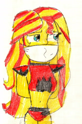 Size: 1280x1944 | Tagged: safe, artist:bluesplendont, sunset shimmer, equestria girls, g4, bondage, bound and gagged, cloth gag, clothes, costume, gag, roxanne wolf