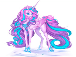 Size: 1280x963 | Tagged: safe, artist:copshop, princess flurry heart, alicorn, pony, g4, concave belly, crown, fit, hoof shoes, horn, jewelry, large wings, long horn, long mane, long tail, muscles, older, older flurry heart, peytral, princess shoes, quadrupedal, regalia, simple background, slender, snow, solo, standing, sternocleidomastoid, tail, thin, white background, wings