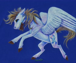 Size: 5443x4462 | Tagged: safe, artist:cahandariella, oc, pegasus, pony, beard, blue background, blue eyes, colored pencil drawing, facial hair, large wings, male, raffle prize, simple background, solo, stallion, traditional art, white coat, wings