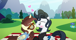 Size: 2089x1095 | Tagged: safe, artist:darbypop1, oc, oc only, oc:darby, alicorn, pegasus, pony, female, kissing, male, mare, nathan chen, picnic blanket, ponified, stallion