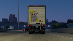 Size: 1920x1080 | Tagged: safe, artist:owlcat, derpy hooves, dinky hooves, pegasus, pony, unicorn, g4, american truck simulator, car, female, filly, foal, game screencap, license plate, mare, road, truck