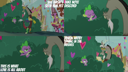 Size: 2000x1125 | Tagged: safe, edit, edited screencap, editor:quoterific, screencap, cup cake, discord, spike, sugar belle, draconequus, dragon, earth pony, pony, unicorn, g4, the break up breakdown, bush, female, hiding in bushes, male, mare, ponyville