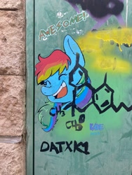 Size: 1536x2048 | Tagged: safe, artist:kreeeeeez, rainbow dash, g4, ^^, chemistry, eyes closed, graffiti, open mouth, open smile, smiling, street art, teeth, traditional art